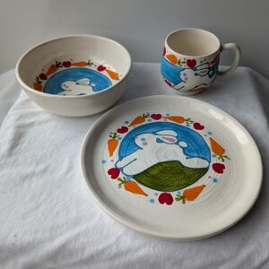 Handmade Pottery Signed Bunny Rabbit & Veggies Child Dining Set: Plate Bowl Mug